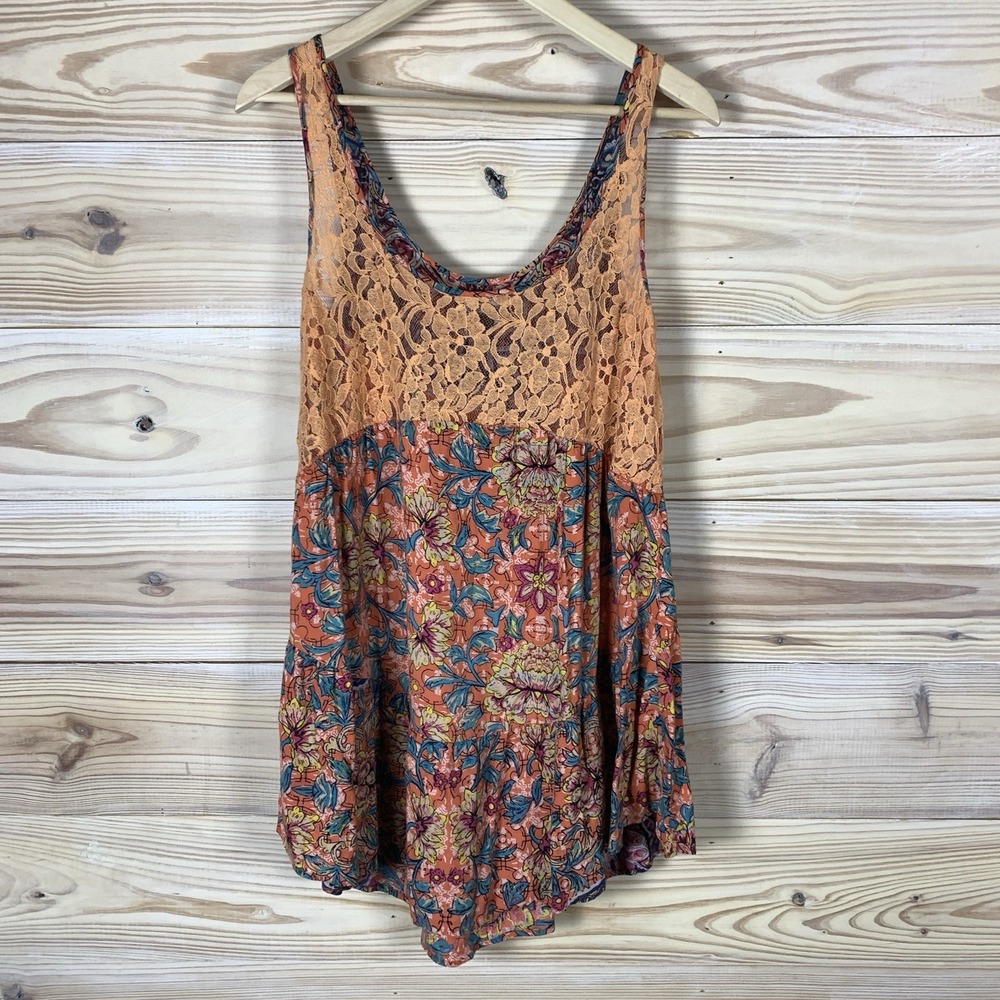 Angie Top Women Small Tunic‎ Tank Floral Peach Lace Tiered Boho Beachy - Picture 2 of 6